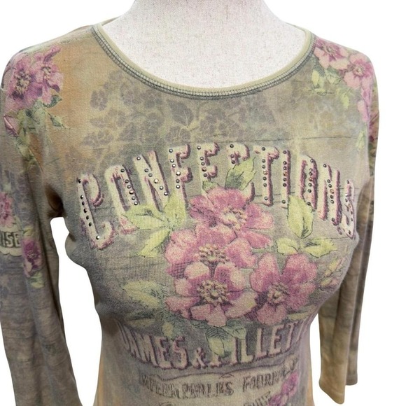 90's Y2K Cyber Grunge Cherry Blossom Floral Print 3/4 Sleeve Distressed Top - Picture 3 of 5